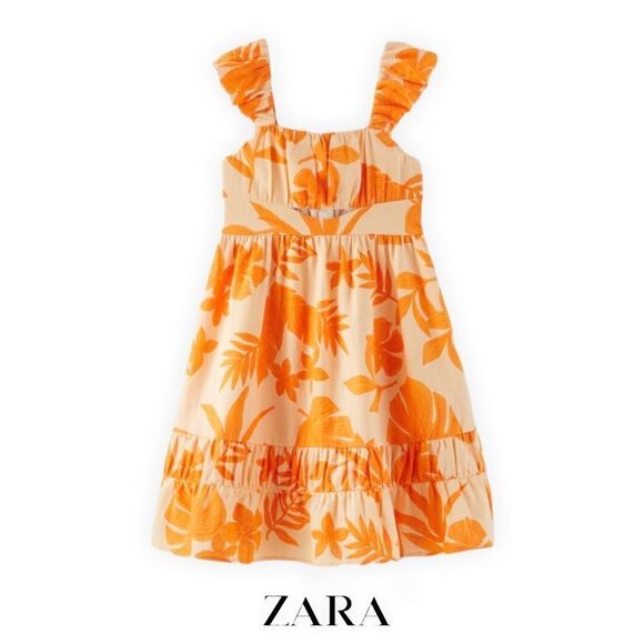 ZARA Kids | Orange | LINEN BLEND CUT OUT LEAF DRESS - Picture 2 of 7